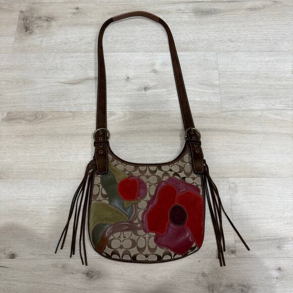 COACH Y2K Brown Signature Poppy For Peace Crossbody Shoulder Handbag 7087 Floral - Picture 1 of 10